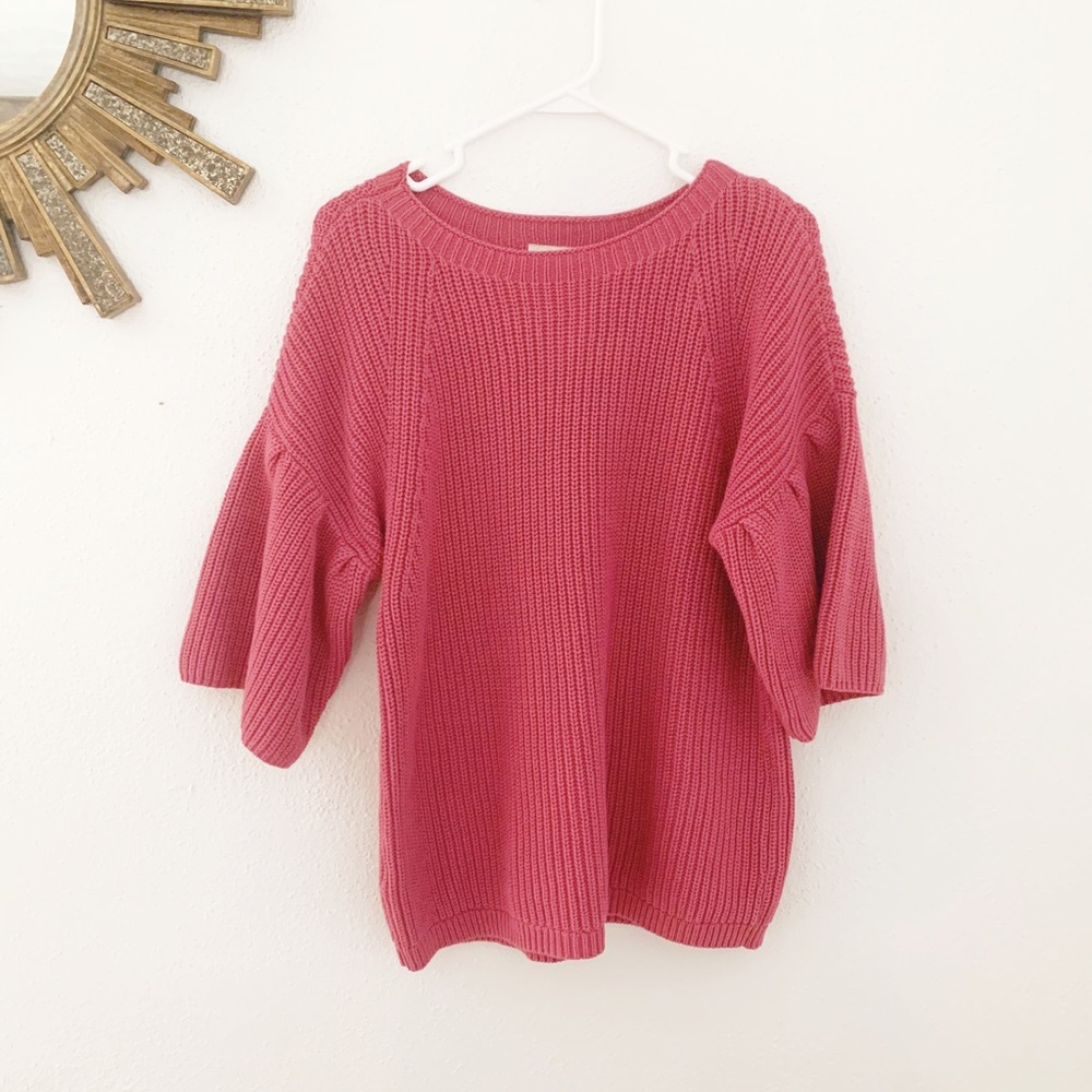 LOFT pink chunky knit ruffle sleeve sweater
